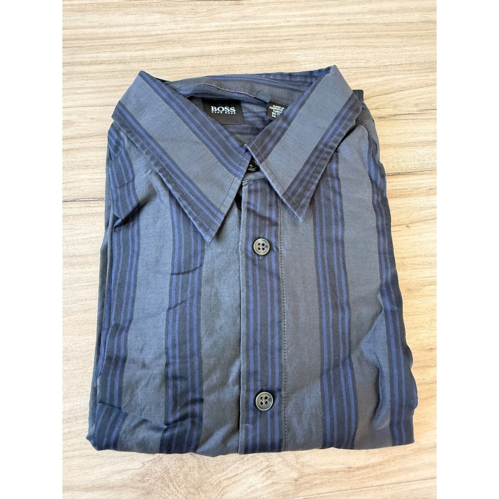 Hugo Boss Mens Large Grey Blue Striped Cotton Long Sleeve Button Down Shirt